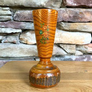 VTG Hand-turned Rustic Wood Bud Vase Bark Rose Cabin Decor